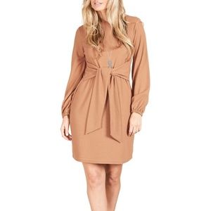 NWT Tan Lionstill Long Sleeve Front Tie Mini Knit Dress Size Large